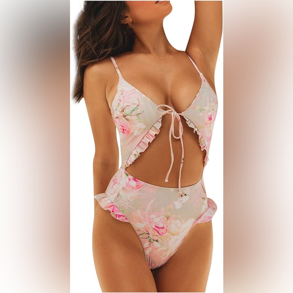 NWT Womens Sexy Bikini Casual Swimwear Floral Print Lace Up Front | Size S